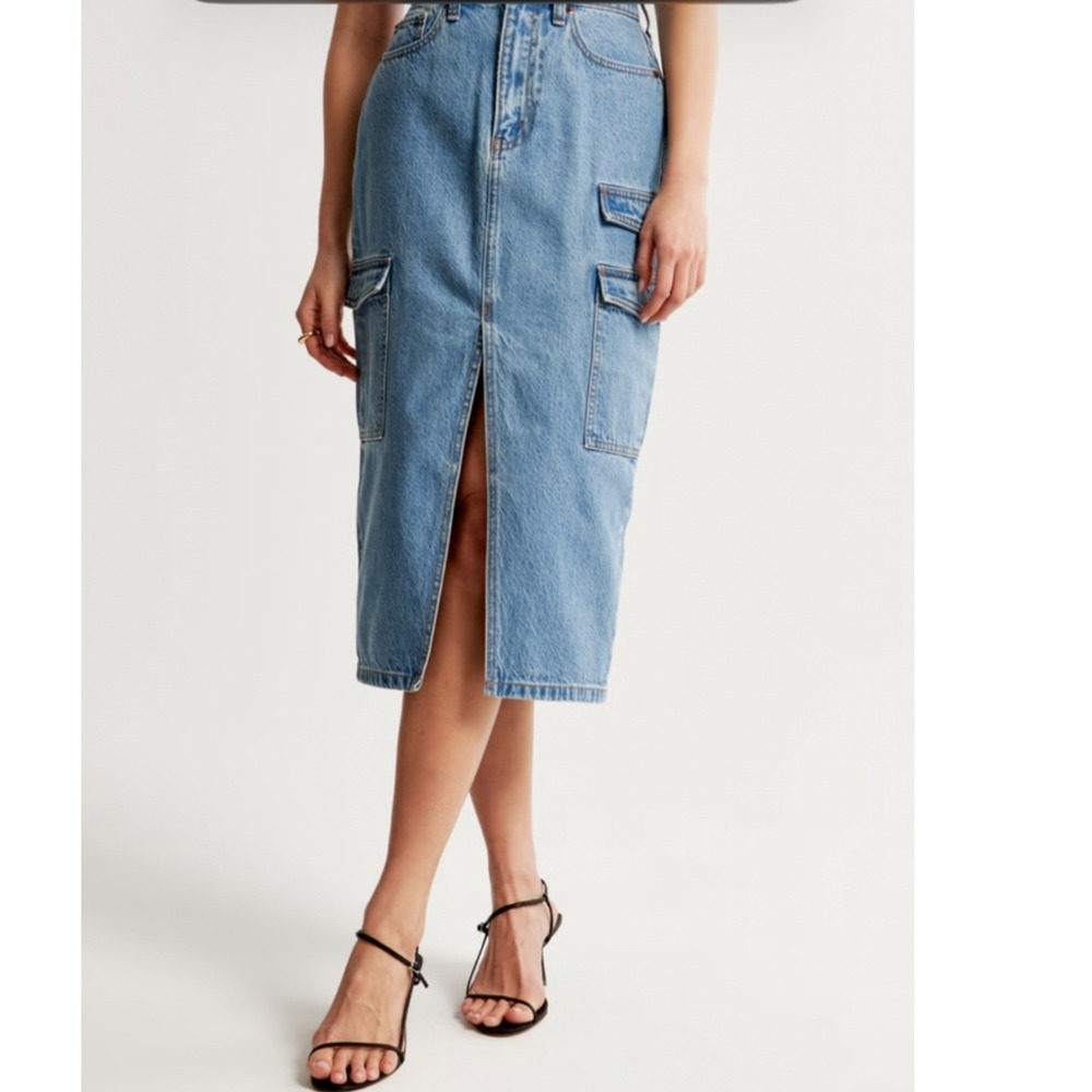 Abercrombie & Fitch High Rise Denim Midi Cargo Skirt Front Slit Size 12